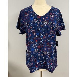 NWT Zoe + Chloe Scrub Top L Patriotic Stars 4th Of July Scrubs Nurse RN Uniform